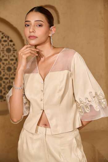 Shop_Vedangi Agarwal_Ivory Organza, Satin Cut Work V-neck Floral Sleeve Embroidered Top And Pant Set _Online_at_Aza_Fashions