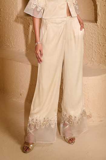 Vedangi Agarwal_Ivory Organza, Satin Cut Work V-neck Floral Sleeve Embroidered Top And Pant Set _at_Aza_Fashions