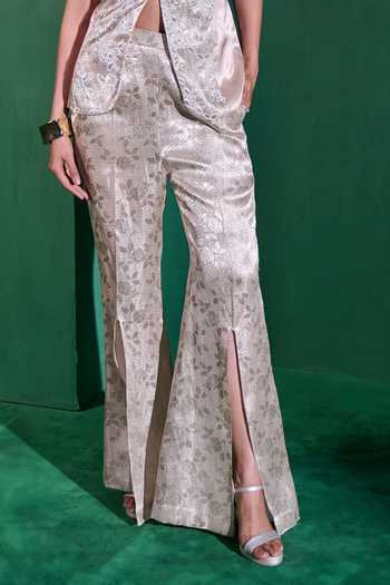 Vedangi Agarwal_Ivory Brocade Embroidery Round Neck Woven Top And Pant Set _at_Aza_Fashions