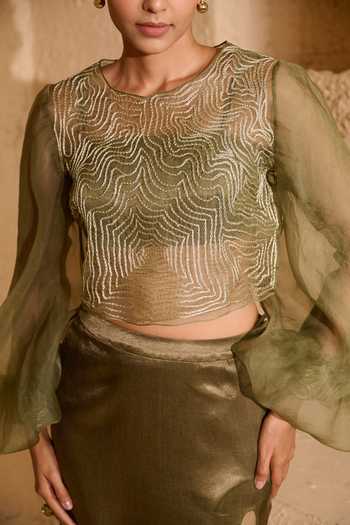 Shop_Vedangi Agarwal_Green Organza Embroidery Round Neck Dori Top And Skirt Set _Online_at_Aza_Fashions