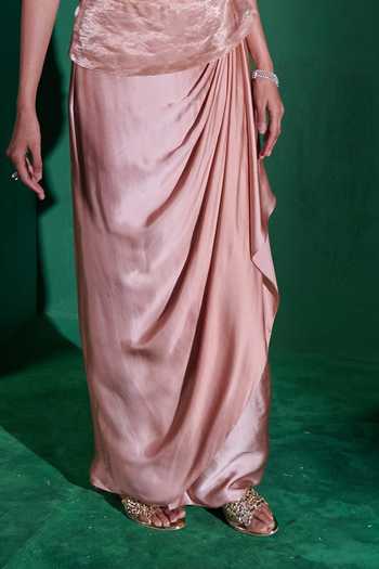 Vedangi Agarwal_Peach Kota Doria, Satin Embroidery Halter Neck Hand Top And Skirt Set _Online_at_Aza_Fashions