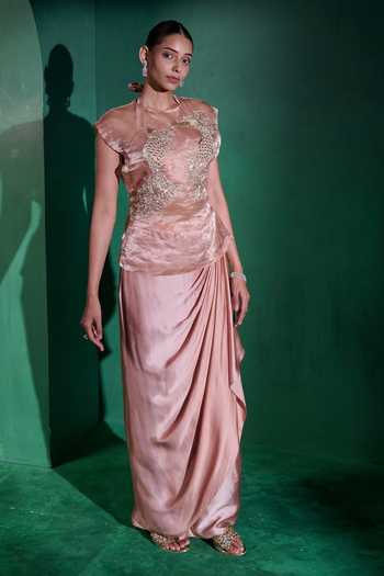 Buy_Vedangi Agarwal_Peach Kota Doria, Satin Embroidery Halter Neck Hand Top And Skirt Set _Online_at_Aza_Fashions