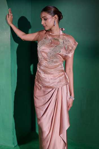 Shop_Vedangi Agarwal_Peach Kota Doria, Satin Embroidery Halter Neck Hand Top And Skirt Set _Online_at_Aza_Fashions