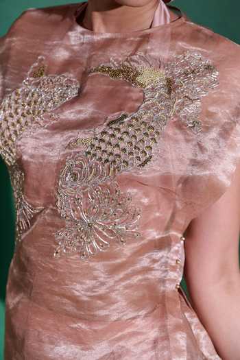 Vedangi Agarwal_Peach Kota Doria, Satin Embroidery Halter Neck Hand Top And Skirt Set _at_Aza_Fashions