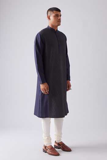 Rajesh Pratap Singh_Blue Viscose Embroidery, Zari Kelawas Pintucked Kurta Set _Online_at_Aza_Fashions