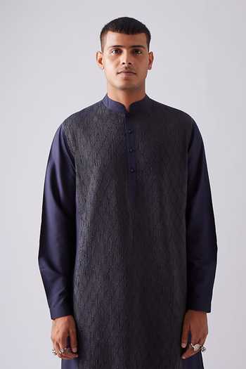 Buy_Rajesh Pratap Singh_Blue Viscose Embroidery, Zari Kelawas Pintucked Kurta Set _Online_at_Aza_Fashions