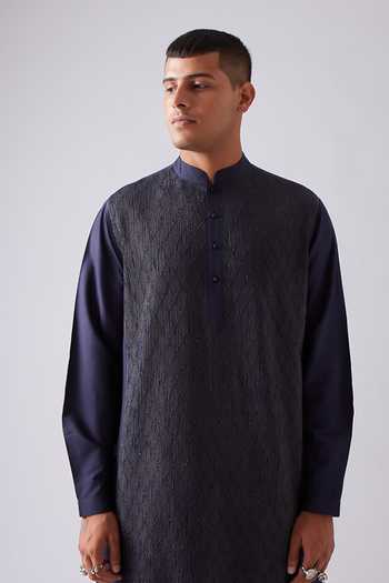 Shop_Rajesh Pratap Singh_Blue Viscose Embroidery, Zari Kelawas Pintucked Kurta Set _Online_at_Aza_Fashions