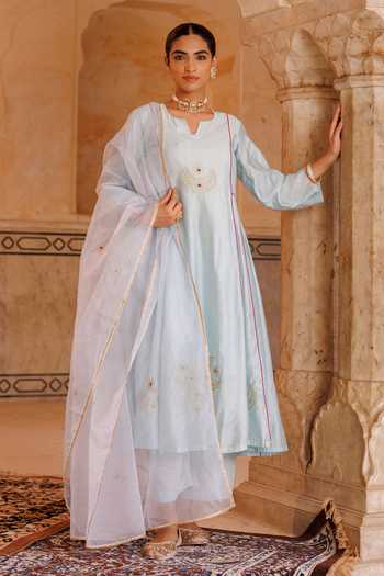 Shop_Bannhi By Priyanka Rathore_Blue Chanderi Embroidery, Gota Patti Kurta Set _Online_at_Aza_Fashions