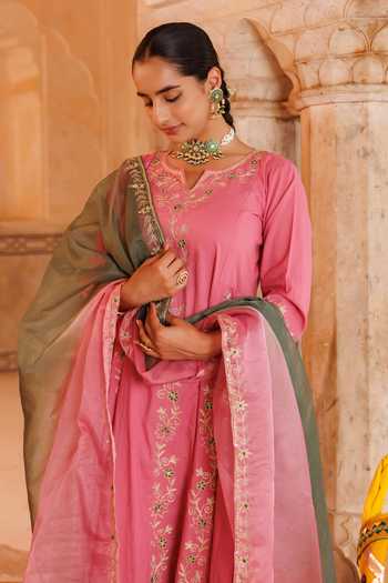 Buy_Bannhi By Priyanka Rathore_Pink Cotton Embroidery, Gota Patti, Lace Notched Neck Floral Vine Anarkali Set _Online_at_Aza_Fashions