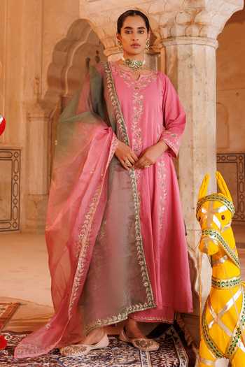 Shop_Bannhi By Priyanka Rathore_Pink Cotton Embroidery, Gota Patti, Lace Notched Neck Floral Vine Anarkali Set _Online_at_Aza_Fashions