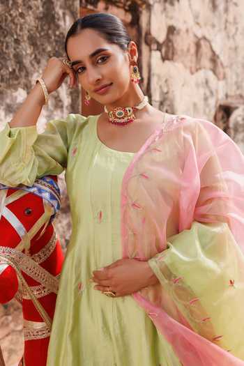 Buy Bannhi By Priyanka Rathore Green Chanderi Embroidery, Gota Patti Anarkali Set Online at Aza Fashions Buy_Bannhi By Priyanka Rathore_Green Chanderi Embroidery, Gota Patti Anarkali Set _Online_at_Aza_Fashions