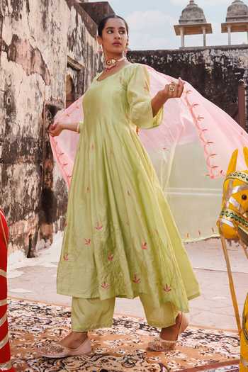 Shop Bannhi By Priyanka Rathore Green Chanderi Embroidery, Gota Patti Anarkali Set Online at Aza Fashions Shop_Bannhi By Priyanka Rathore_Green Chanderi Embroidery, Gota Patti Anarkali Set _Online_at_Aza_Fashions