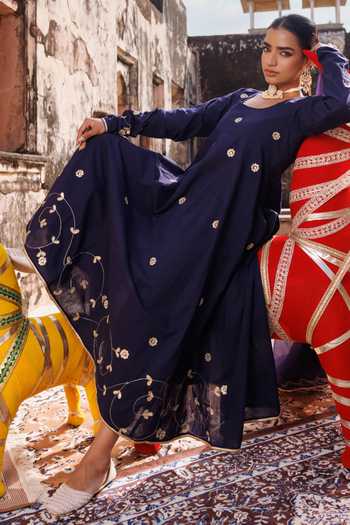 Buy_Bannhi By Priyanka Rathore_Blue Cotton Embroidery, Gota Patti Round Neck Anarkali Set _Online_at_Aza_Fashions