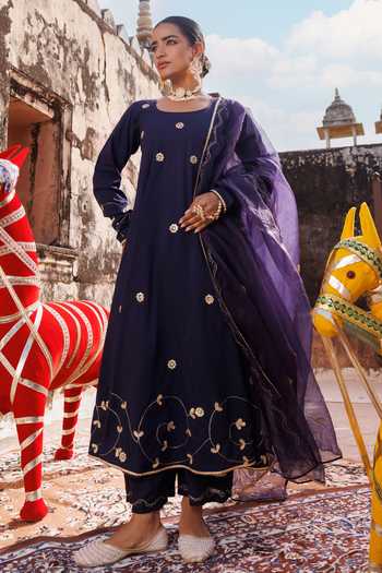 Bannhi By Priyanka Rathore_Blue Cotton Embroidery, Gota Patti Round Neck Anarkali Set _at_Aza_Fashions