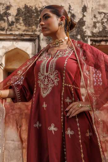 Buy Bannhi By Priyanka Rathore Maroon Cotton Embroidery, Gota Patti V-neck Anarkali Set Online at Aza Fashions Buy_Bannhi By Priyanka Rathore_Maroon Cotton Embroidery, Gota Patti V-neck Anarkali Set _Online_at_Aza_Fashions