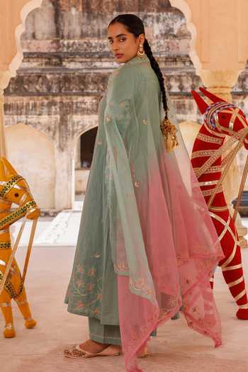 Shop_Bannhi By Priyanka Rathore_Green Cotton Embroidery Round Neck Anarkali Set _Online_at_Aza_Fashions