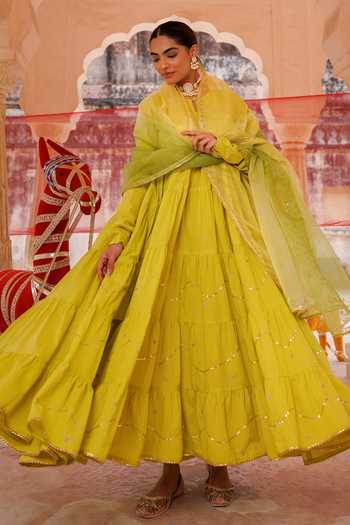 Buy_Bannhi By Priyanka Rathore_Green Cotton Embroidery, Zari High , Keyhole Tiered Anarkali Set _Online_at_Aza_Fashions