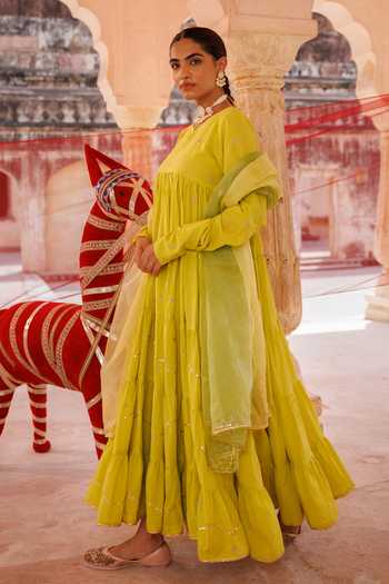 Shop_Bannhi By Priyanka Rathore_Green Cotton Embroidery, Zari High , Keyhole Tiered Anarkali Set _Online_at_Aza_Fashions