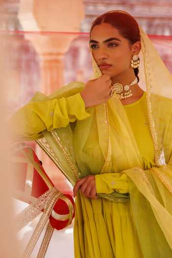 Bannhi By Priyanka Rathore_Green Cotton Embroidery, Zari High , Keyhole Tiered Anarkali Set _at_Aza_Fashions