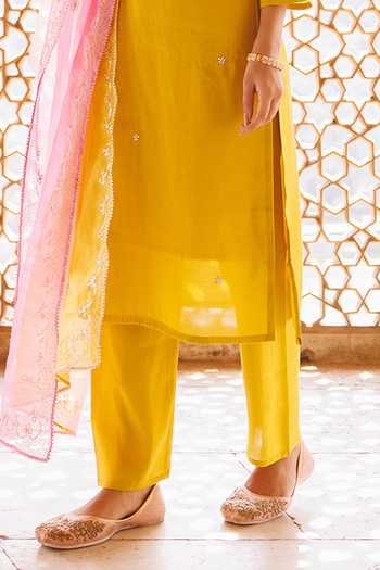 Shop_Bannhi By Priyanka Rathore_Yellow Silk Embroidery, Zari Hand Kurta Pant Set _Online_at_Aza_Fashions