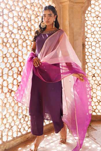 Shop_Bannhi By Priyanka Rathore_Wine Silk Embroidery Round Neck, Yes Hand Kurta Set _Online_at_Aza_Fashions