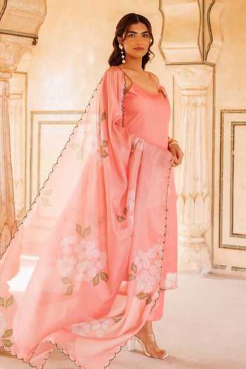 Buy Bannhi By Priyanka Rathore Peach Kota Doria Embroidery Scoop Neck Floral Print Kurta Set Online at Aza Fashions Buy_Bannhi By Priyanka Rathore_Peach Kota Doria Embroidery Scoop Neck Floral Print Kurta Set _Online_at_Aza_Fashions