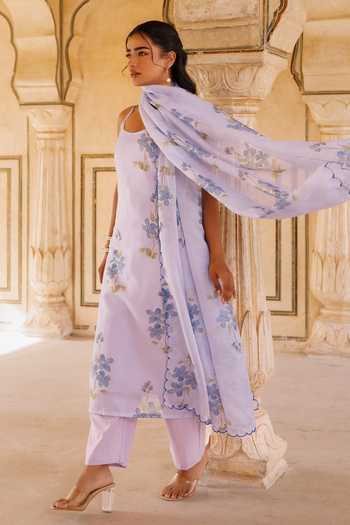 Buy_Bannhi By Priyanka Rathore_Purple Kota Doria Embroidery Scoop Neck Floral Print Kurta Set _Online_at_Aza_Fashions