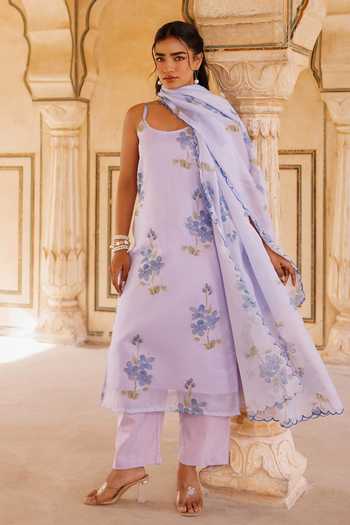 Shop_Bannhi By Priyanka Rathore_Purple Kota Doria Embroidery Scoop Neck Floral Print Kurta Set _Online_at_Aza_Fashions