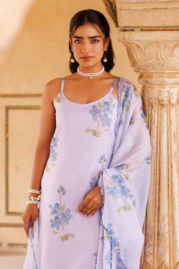 Buy_Bannhi By Priyanka Rathore_Purple Kota Doria Embroidery Scoop Neck Floral Print Kurta Set 