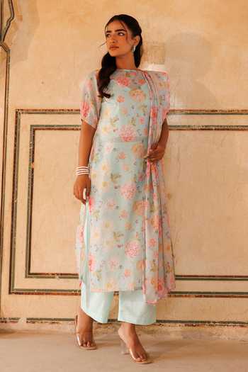 Buy_Bannhi By Priyanka Rathore_Green Kota Doria Embroidery Keyhole Neck Floral Print Kurta Pant Set _Online_at_Aza_Fashions