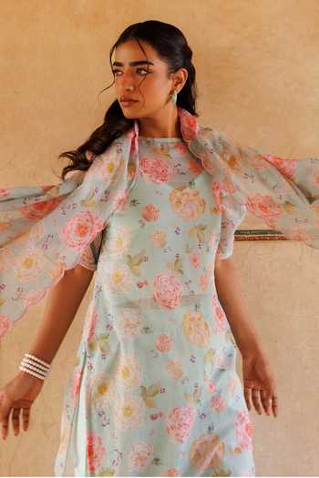 Shop_Bannhi By Priyanka Rathore_Green Kota Doria Embroidery Keyhole Neck Floral Print Kurta Pant Set _Online_at_Aza_Fashions