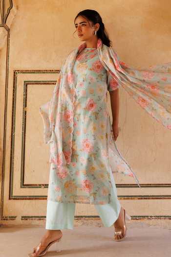 Buy_Bannhi By Priyanka Rathore_Green Kota Doria Embroidery Keyhole Neck Floral Print Kurta Pant Set 