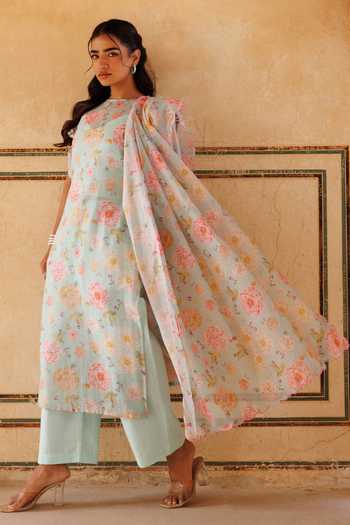 Shop_Bannhi By Priyanka Rathore_Green Kota Doria Embroidery Keyhole Neck Floral Print Kurta Pant Set 