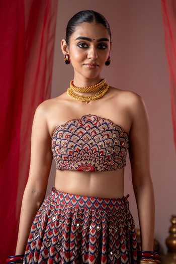 Buy_Baise Gaba_Multi Color Satin, Linen Embroidery Bandeau Neck Kalshi Scallop Blouse _Online_at_Aza_Fashions