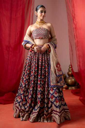 Shop_Baise Gaba_Multi Color Satin, Linen Embroidery Bandeau Neck Kalshi Scallop Blouse _Online_at_Aza_Fashions