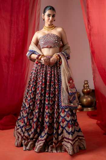 Baise Gaba_Multi Color Satin, Linen Embroidery Bandeau Neck Kalshi Scallop Blouse _at_Aza_Fashions
