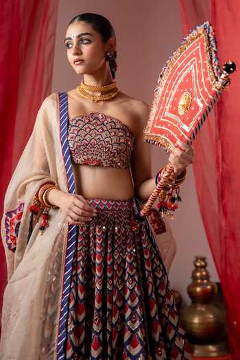 Shop_Baise Gaba_Multi Color Satin, Linen Embroidery Bandeau Neck Kalshi Scallop Blouse 