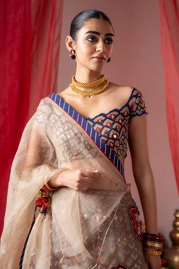 Buy_Baise Gaba_Multi Color Satin, Linen, Organza Embroidery Square Kalshi Scallop Lehenga Set _Online_at_Aza_Fashions