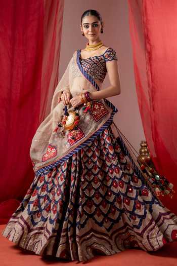 Shop_Baise Gaba_Multi Color Satin, Linen, Organza Embroidery Square Kalshi Scallop Lehenga Set 