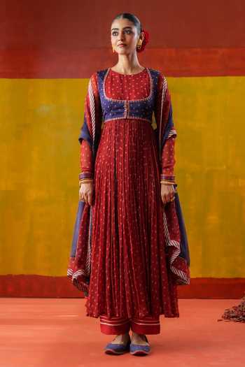 Buy_Baise Gaba_Red Chiffon, Muslin Embroidery Crew Roop Bandhani Print Anarkali Set With Jacket _Online_at_Aza_Fashions
