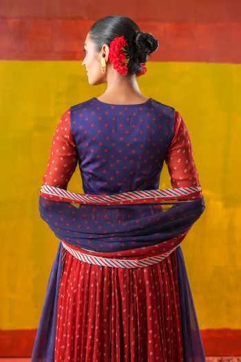 Shop_Baise Gaba_Red Chiffon, Muslin Embroidery Crew Roop Bandhani Print Anarkali Set With Jacket _Online_at_Aza_Fashions