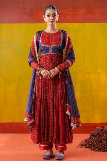 Baise Gaba_Red Chiffon, Muslin Embroidery Crew Roop Bandhani Print Anarkali Set With Jacket _at_Aza_Fashions