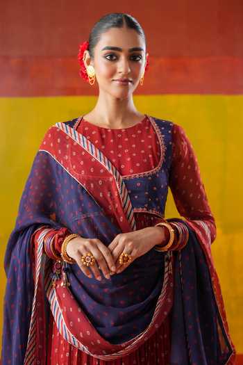 Buy_Baise Gaba_Red Chiffon, Muslin Embroidery Crew Roop Bandhani Print Anarkali Set With Jacket 