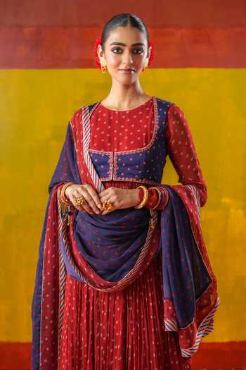 Shop_Baise Gaba_Red Chiffon, Muslin Embroidery Crew Roop Bandhani Print Anarkali Set With Jacket 