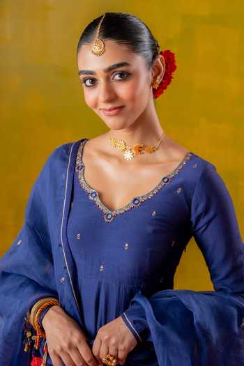 Shop_Baise Gaba_Blue Chanderi, Muslin, Organza Embroidery V-neck Jhanak Anarkali Set 