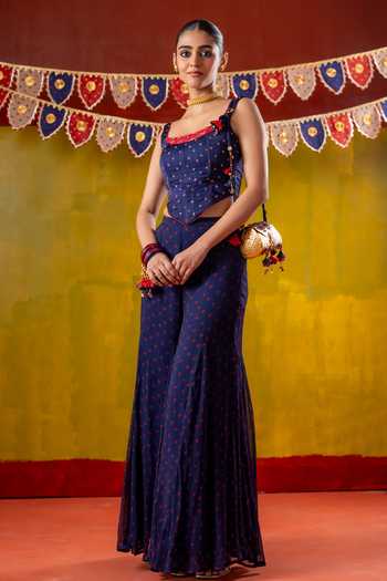 Buy_Baise Gaba_Blue Chiffon, Organza, Satin Mirrors, Gulshan Printed Corset Sharara Set _Online_at_Aza_Fashions