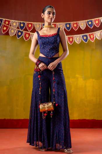 Shop_Baise Gaba_Blue Chiffon, Organza, Satin Mirrors, Gulshan Printed Corset Sharara Set _Online_at_Aza_Fashions
