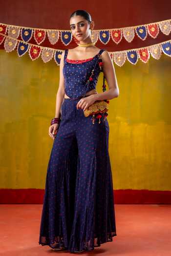 Baise Gaba_Blue Chiffon, Organza, Satin Mirrors, Gulshan Printed Corset Sharara Set _at_Aza_Fashions