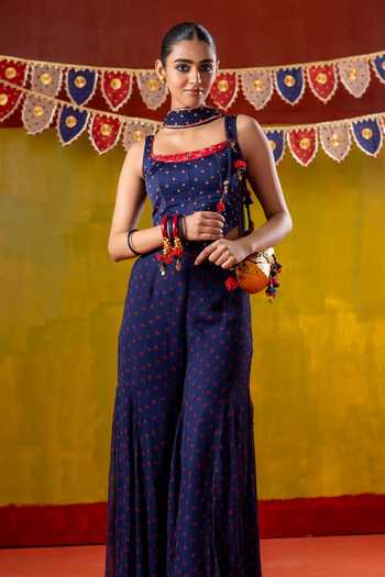 Shop_Baise Gaba_Blue Chiffon, Organza, Satin Mirrors, Gulshan Printed Corset Sharara Set 