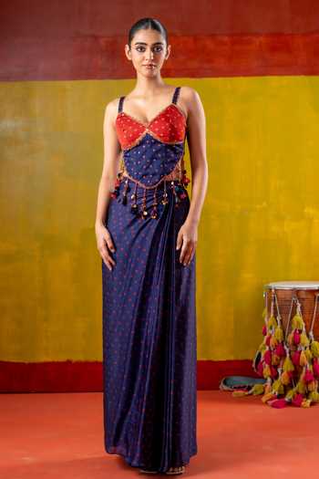 Buy_Baise Gaba_Blue Organza, Satin Beads, Jhumki Jhalak Jhankar Printed Skirt Saree With Corset _Online_at_Aza_Fashions